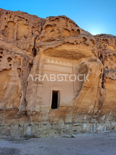 A close-up of the rock formations in Al-Ula, Saudi Arabia, ancient historical monuments, peaks and heights, tourist places, desert nature