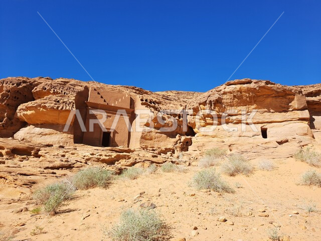 Desert areas in Al-Ula Governorate in the Kingdom of Saudi Arabia, natural rock formations, ancient historical monuments, mountain heights, desert nature, tourism in Saudi Arabia
