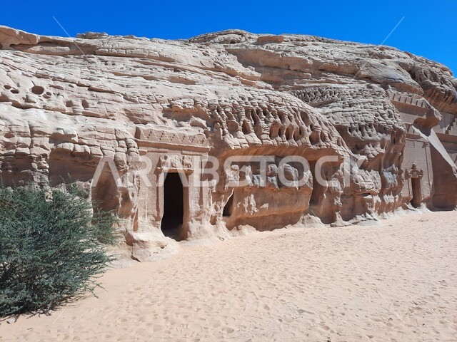Rock formations and formations, desert nature in Al-Ula Governorate in Saudi Arabia, desert areas, mountain heights, peaks and rocky mountains, ancient historical monuments, tourist places