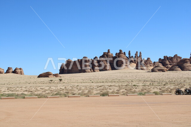 Desert nature, rock formations and formations, ancient historical monuments in Al-Ula Governorate in Saudi Arabia, desert areas, mountain peaks and heights, tourist places