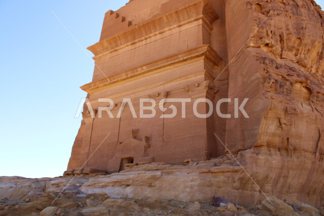 A close-up of Al-Farid Palace in Al-Ula Governorate in the Kingdom of Saudi Arabia, rock formations, ancient historical monuments, natural rocky mountains, desert areas, desert nature, tourist places
