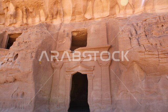 Ancient historical monuments in Al-Ula Governorate in the Kingdom of Saudi Arabia, natural rock formations, desert nature, mountain heights, rocky peaks in desert areas, tourist places,