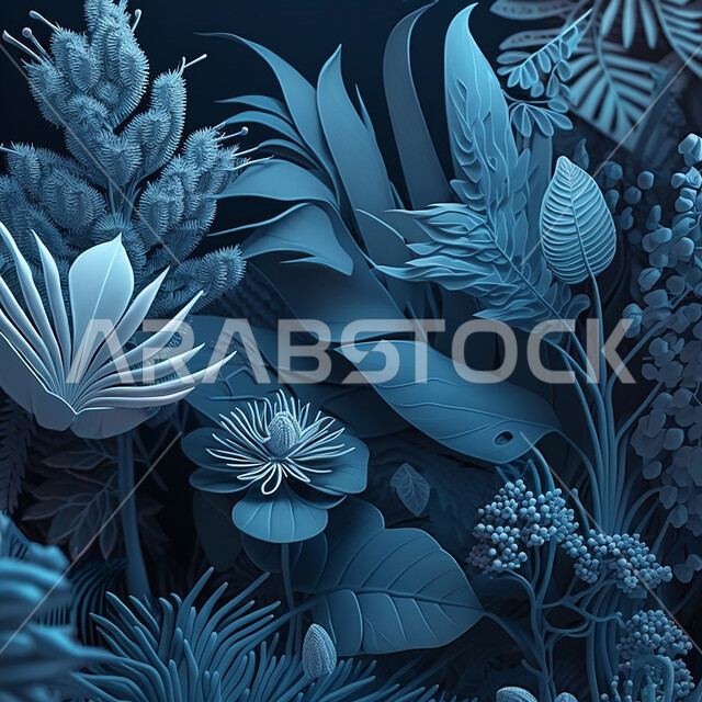 الزهور الاستوائية, الذكاء الاصطناعي التوليدي, اشكال الاوراق الاستوائية, اوراق ذو اشكال مختلفة, خلفية زرقاء .