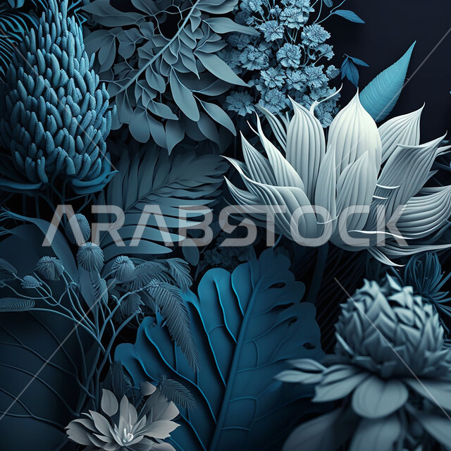 الزهور الاستوائية, الذكاء الاصطناعي التوليدي, اشكال الاوراق الاستوائية, اوراق ذو اشكال مختلفة, خلفية زرقاء .