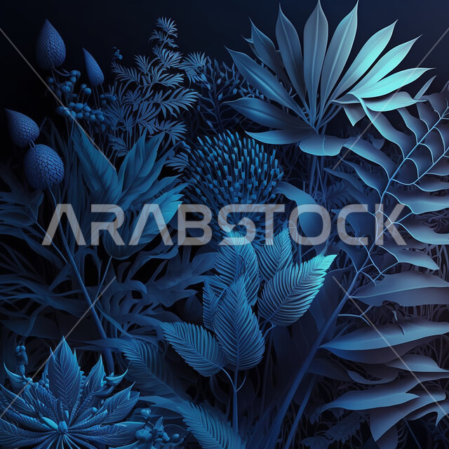 الزهور الاستوائية, الذكاء الاصطناعي التوليدي, اشكال الاوراق الاستوائية, اوراق ذو اشكال مختلفة, خلفية زرقاء .