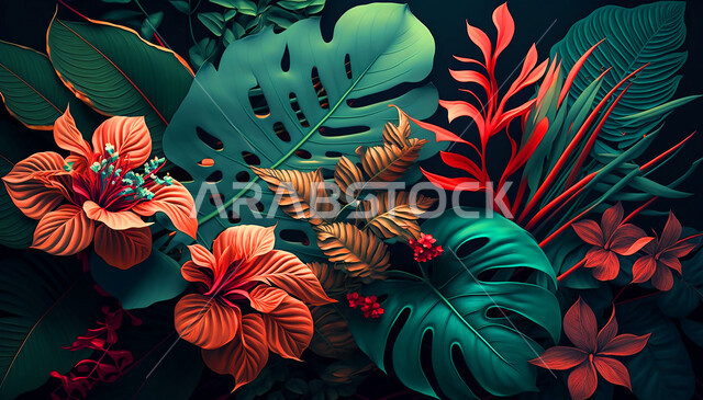 الزهور الاستوائية, الذكاء الاصطناعي التوليدي, اشكال الاوراق الاستوائية, اوراق ذو اشكال مختلفة, خلفية سوداء . .