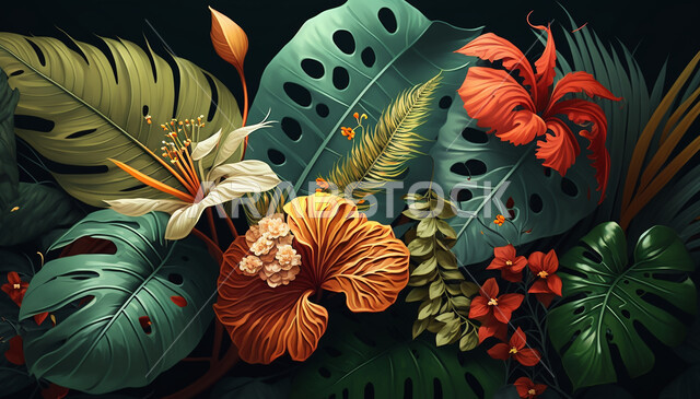 الزهور الاستوائية, الذكاء الاصطناعي التوليدي, اشكال الاوراق الاستوائية, اوراق ذو اشكال مختلفة, خلفية سوداء . .