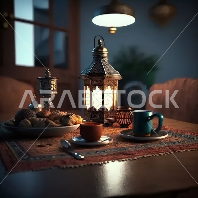 اجواء رمضانية في المنزل، طاولة تحوي فانوس مضيء، وجبة افطار رمضان، خلفية رمضانية .