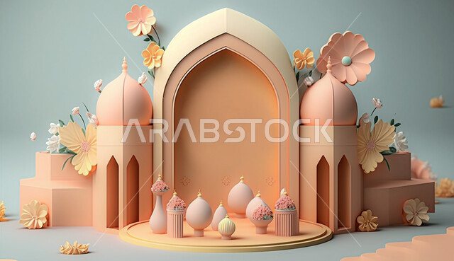 منصة إسلامية جميلة، تصاميم رمضانية ثلاثية الأبعاد، تصاميم اسلامية، زخارف اسلامية، خلفية رمضانية .