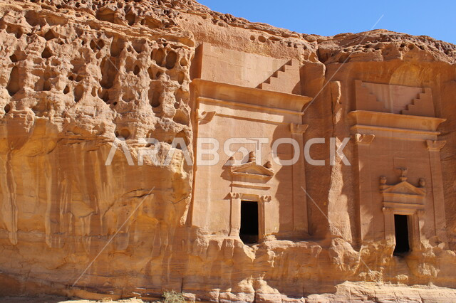 Natural rock formations and formations in Al-Ula Governorate in the Kingdom of Saudi Arabia, desert areas, mountain heights, peaks and rocky mountains, natural tourist places, ancient historical monuments, desert nature