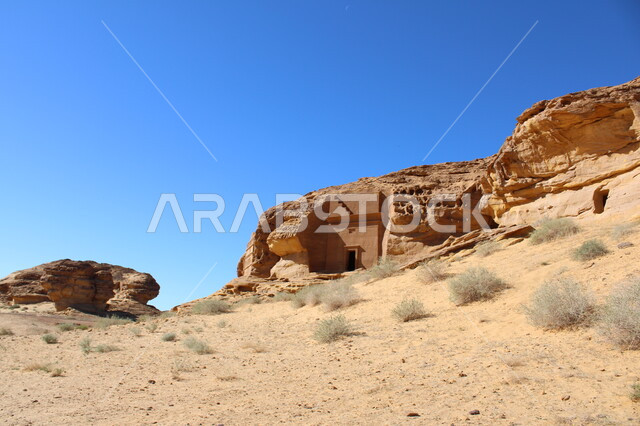 Ancient historical monuments in Al-Ula Governorate in the Kingdom of Saudi Arabia, desert areas, mountain heights, natural mountains, desert nature, rock formations and formations, tourist places