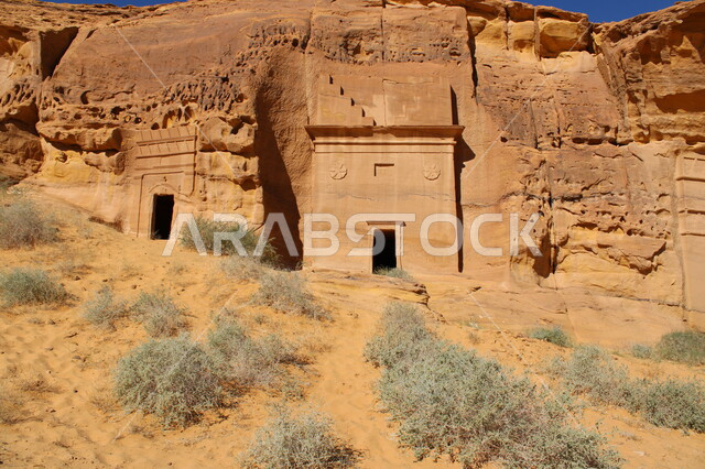Rock formations and formations in Al-Ula in the Kingdom of Saudi Arabia, tourist places in desert areas, ancient historical monuments, natural rocky mountains, desert nature
