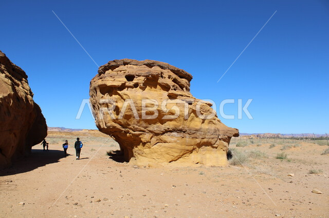 A group of tourists in Al-Ula Governorate in the Kingdom of Saudi Arabia, natural rock formations, archaeological landmarks in desert areas, ancient historical places, rocky mountains, mountain peaks and heights, desert nature, tourism in Saudi Arabia