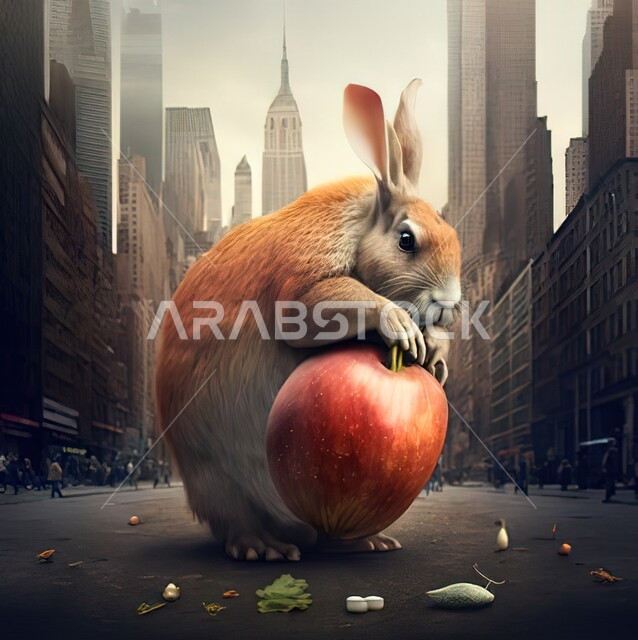 صورة مقربة لأرنب أشقر  لطيف يعانق تفاحة , وسط المدينة , رسوم ثلاثية الأبعاد , حيوانات أليفة ,  فنون ورسوم .