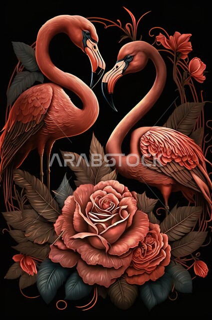 خلفية زخرفية نباتية وحيوانية مجردة باللون الزهري , خلفيات صماء , ورود وطيور , خلفية سوداء , ألوان داكنة .