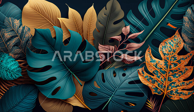زهور استوائية ، ذكاء اصطناعي توليدي ، أشكال أوراق استوائية ، أوراق بأشكال مختلفة ، خلفية سوداء. زهور استوائية ، ذكاء اصطناعي توليدي ، أشكال أوراق استوائية ، أوراق بأشكال مختلفة ، خلفية سوداء.