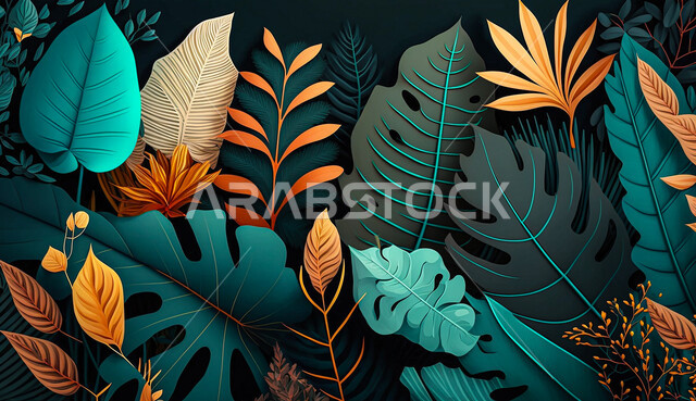 زهور استوائية ، ذكاء اصطناعي توليدي ، أشكال أوراق استوائية ، أوراق بأشكال مختلفة ، خلفية سوداء. زهور استوائية ، ذكاء اصطناعي توليدي ، أشكال أوراق استوائية ، أوراق بأشكال مختلفة ، خلفية سوداء.