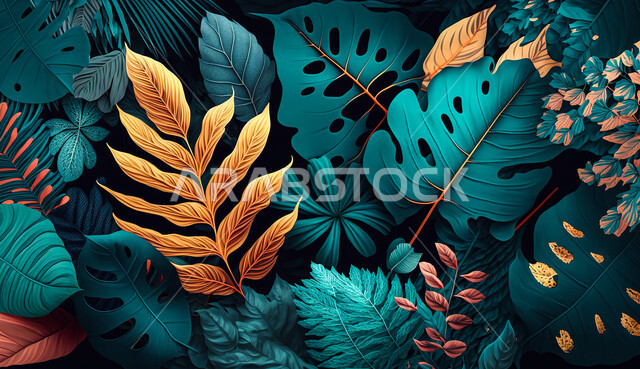 زهور استوائية ، ذكاء اصطناعي توليدي ، أشكال أوراق استوائية ، أوراق بأشكال مختلفة ، خلفية سوداء. زهور استوائية ، ذكاء اصطناعي توليدي ، أشكال أوراق استوائية ، أوراق بأشكال مختلفة ، خلفية سوداء.
