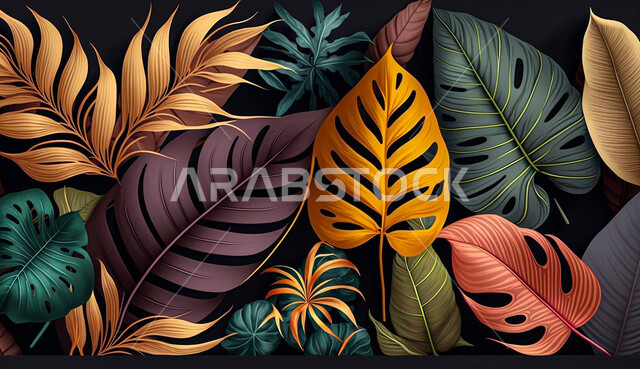 زهور استوائية ، ذكاء اصطناعي توليدي ، أشكال أوراق استوائية ، أوراق بأشكال مختلفة ، خلفية سوداء. زهور استوائية ، ذكاء اصطناعي توليدي ، أشكال أوراق استوائية ، أوراق بأشكال مختلفة ، خلفية سوداء.