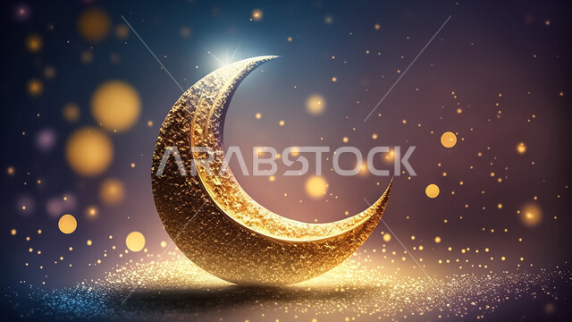 .A three-dimensional model of a luminous crescent with creative designs, Islamic decorations, Islam designs, Ramadan background, three-dimensional artifacts, Ramadan crescent	