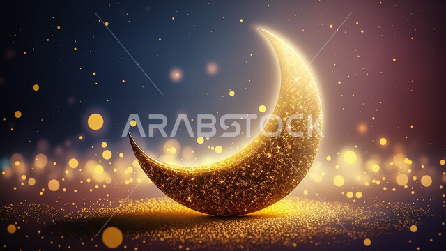 .A three-dimensional model of a luminous crescent with creative designs, Islamic decorations, Islam designs, Ramadan background, three-dimensional artifacts, Ramadan crescent	