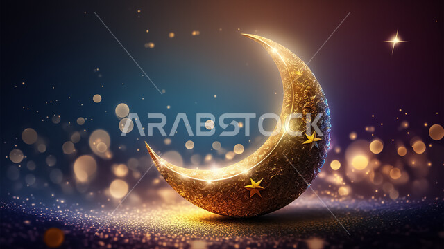 .A three-dimensional model of a luminous crescent with creative designs, Islamic decorations, Islam designs, Ramadan background, three-dimensional artifacts, Ramadan crescent	