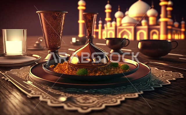  مائدة الافطار بشهر رمضان ، سفرة مليئة بأصناف من المأكولات العربية السعودية اللذيذة ، شهر رمضان ، رمضان كريم ، فانوس رمضان, خلفية المسجد .