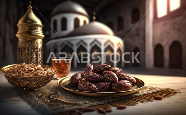  مائدة الافطار بشهر رمضان ، سفرة مليئة بأصناف من المأكولات العربية السعودية اللذيذة ، شهر رمضان ، رمضان كريم ، فانوس رمضان, خلفية المسجد .