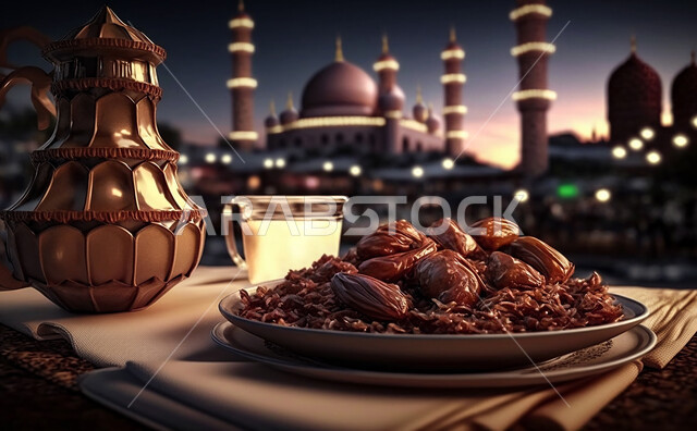 Iftar table in the month of Ramadan, a trip full of varieties of delicious Saudi Arabian food, the month of Ramadan, Ramadan Kareem, Ramadan lantern, the background of the mosque.