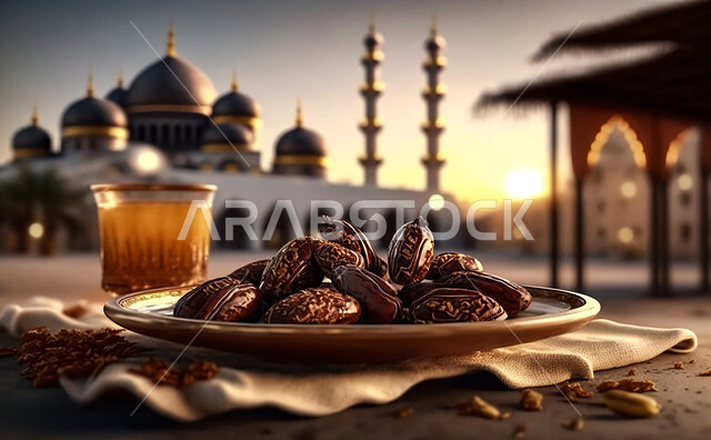  مائدة الافطار بشهر رمضان ، سفرة مليئة بأصناف من المأكولات العربية السعودية اللذيذة ، شهر رمضان ، رمضان كريم ، فانوس رمضان, خلفية المسجد .