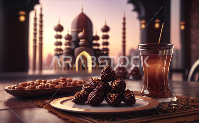  مائدة الافطار بشهر رمضان ، سفرة مليئة بأصناف من المأكولات العربية السعودية اللذيذة ، شهر رمضان ، رمضان كريم ، فانوس رمضان, خلفية المسجد .