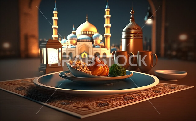  مائدة الافطار بشهر رمضان ، سفرة مليئة بأصناف من المأكولات العربية السعودية اللذيذة ، شهر رمضان ، رمضان كريم ، فانوس رمضان, خلفية المسجد .