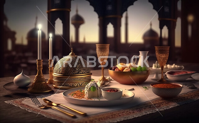  مائدة الافطار بشهر رمضان ، سفرة مليئة بأصناف من المأكولات العربية السعودية اللذيذة ، شهر رمضان ، رمضان كريم ، فانوس رمضان, خلفية المسجد .