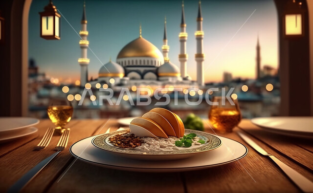  مائدة الافطار بشهر رمضان ، سفرة مليئة بأصناف من المأكولات العربية السعودية اللذيذة ، شهر رمضان ، رمضان كريم ، فانوس رمضان, خلفية المسجد .