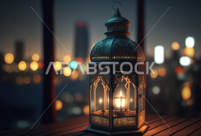 منظر لفانوس رمضاني على سطح خشبي يطل على الشاطئ ,فانوس عربي تقليدي معدني،  تحف رمضانيه, الإحتفال بقدوم شهر رمضان، ديكورات وأنوار، اجواء رمضانية .