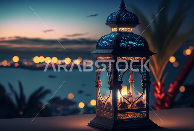 منظر لفانوس رمضاني على سطح خشبي يطل على الشاطئ ,فانوس عربي تقليدي معدني،  تحف رمضانيه, الإحتفال بقدوم شهر رمضان، ديكورات وأنوار، اجواء رمضانية .