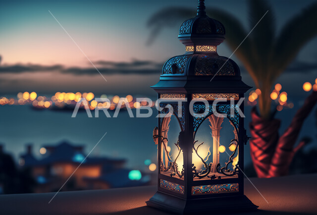 منظر لفانوس رمضاني على سطح خشبي يطل على الشاطئ ,فانوس عربي تقليدي معدني،  تحف رمضانيه, الإحتفال بقدوم شهر رمضان، ديكورات وأنوار، اجواء رمضانية .