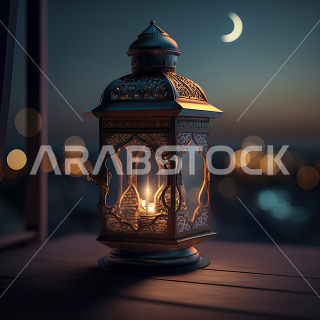  .A view of a Ramadan lantern on the roof of a wood overlooking the beach , a traditional metal Arab lantern, Ramadan artifacts, the celebration of the advent of the month of Ramadan, decorations and lights, a Ramadan atmosphere