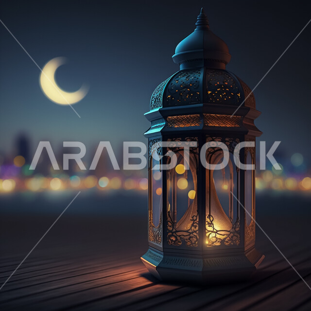 منظر لفانوس رمضاني على سطح خشبي يطل على الشاطئ ,فانوس عربي تقليدي معدني،  تحف رمضانيه, الإحتفال بقدوم شهر رمضان، ديكورات وأنوار، اجواء رمضانية .