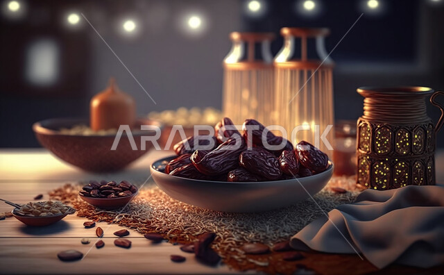  مائدة الافطار بشهر رمضان ، سفرة مليئة بأصناف من المأكولات العربية السعودية اللذيذة ، شهر رمضان ، رمضان كريم ، فانوس رمضان, خلفية رمضانية.