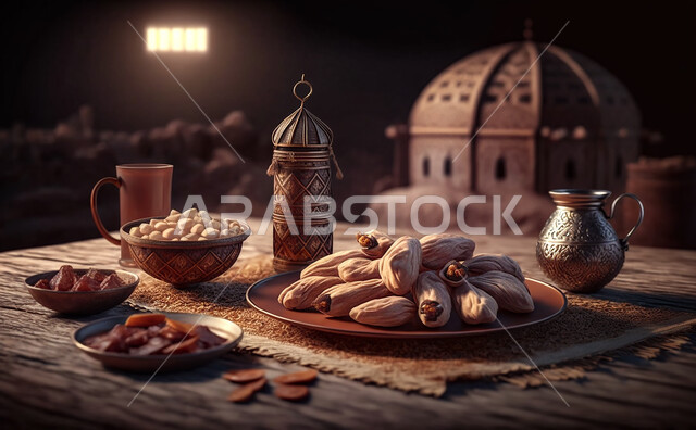  مائدة الافطار بشهر رمضان ، سفرة مليئة بأصناف من المأكولات العربية السعودية اللذيذة ، شهر رمضان ، رمضان كريم ، فانوس رمضان, خلفية رمضانية.