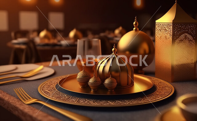  مائدة الافطار بشهر رمضان ، سفرة مليئة بأصناف من المأكولات العربية السعودية اللذيذة ، شهر رمضان ، رمضان كريم ، فانوس رمضان, خلفية رمضانية.