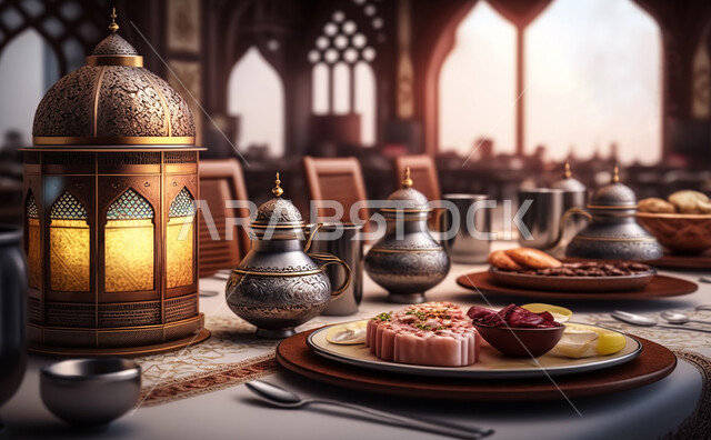  مائدة الافطار بشهر رمضان ، سفرة مليئة بأصناف من المأكولات العربية السعودية اللذيذة ، شهر رمضان ، رمضان كريم ، فانوس رمضان, خلفية رمضانية.