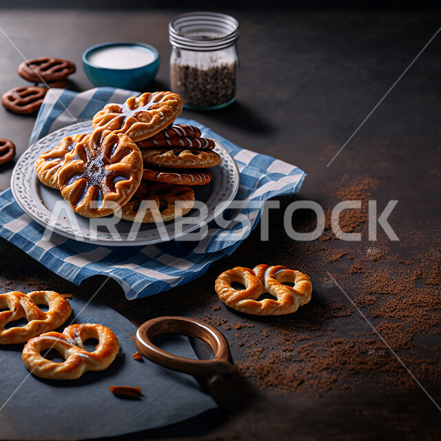 بسكويت حلو لذيذ على طاولة المطبخ, طبق من الحلوى اللذيذ, ضيافات, مقرمشات حلوى لذيذة .