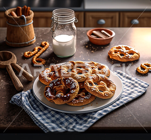 بسكويت حلو لذيذ على طاولة المطبخ, طبق من الحلوى اللذيذ, ضيافات, مقرمشات حلوى لذيذة .