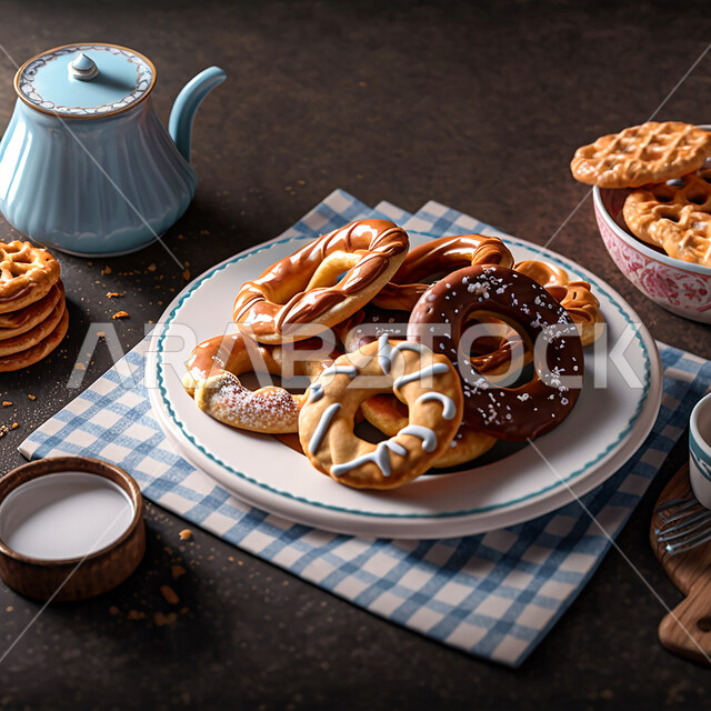 بسكويت حلو لذيذ على طاولة المطبخ, ضيافات, بسكويت حلو مزين ,خلفية سوداء .