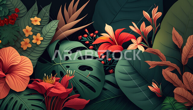 Tropical flowers, generative artificial intelligence, tropical leaf shapes, leaves of different shapes, black background. .