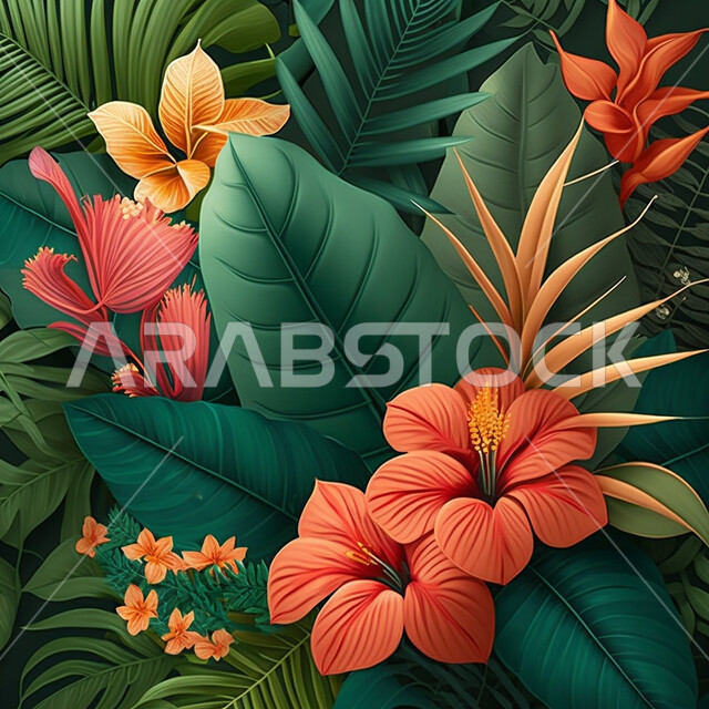 Tropical flowers, generative artificial intelligence, tropical leaf shapes, leaves of different shapes, black background. .