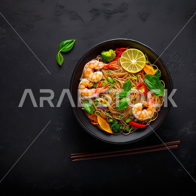 صورة من الاعلى لطبق المعكرونة السباغيتي والروبيان اللذيذ  على سطح أسود، طعام بحري ، وجبات عربية، وصفات وأطباق طعام لذيذة، مأكولات صحية، مطاعم عربية خليجية سعودية .