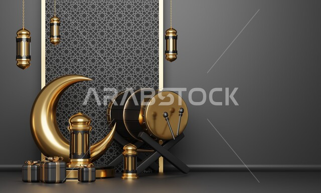 خلفية إسلامية لقاعدة عرض ثلاثية الأبعاد ، رمضان كريم ، مجسمات إسلاميات ، إسلاميات ، خلفية رمادية